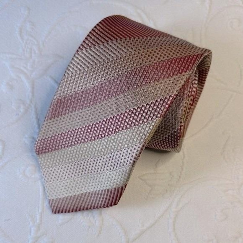 Vintage 80s Valentino Cravatte Silk Necktie Burgundy Tan Striped‎ Made in Italy